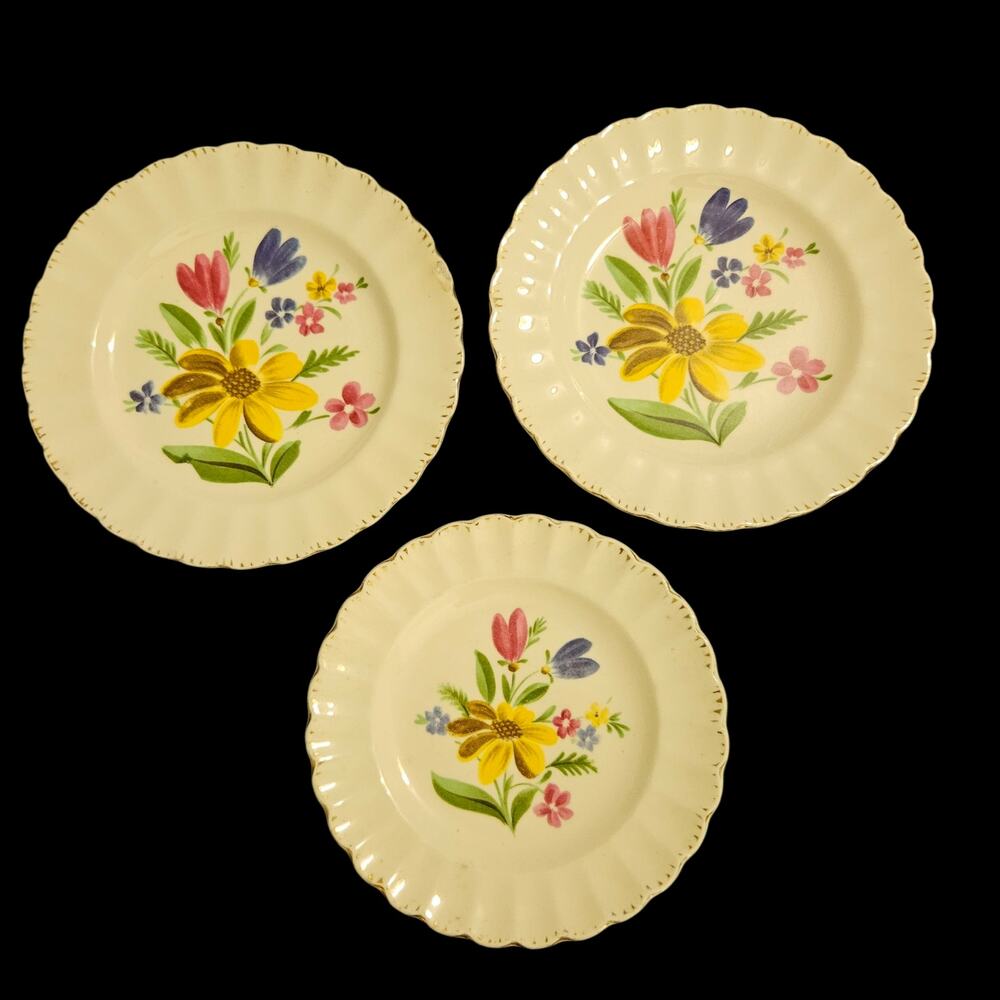 Sebring Laguna Floral Dessert Plates Lot 3 Cream 22K Gold Scalloped Vintage